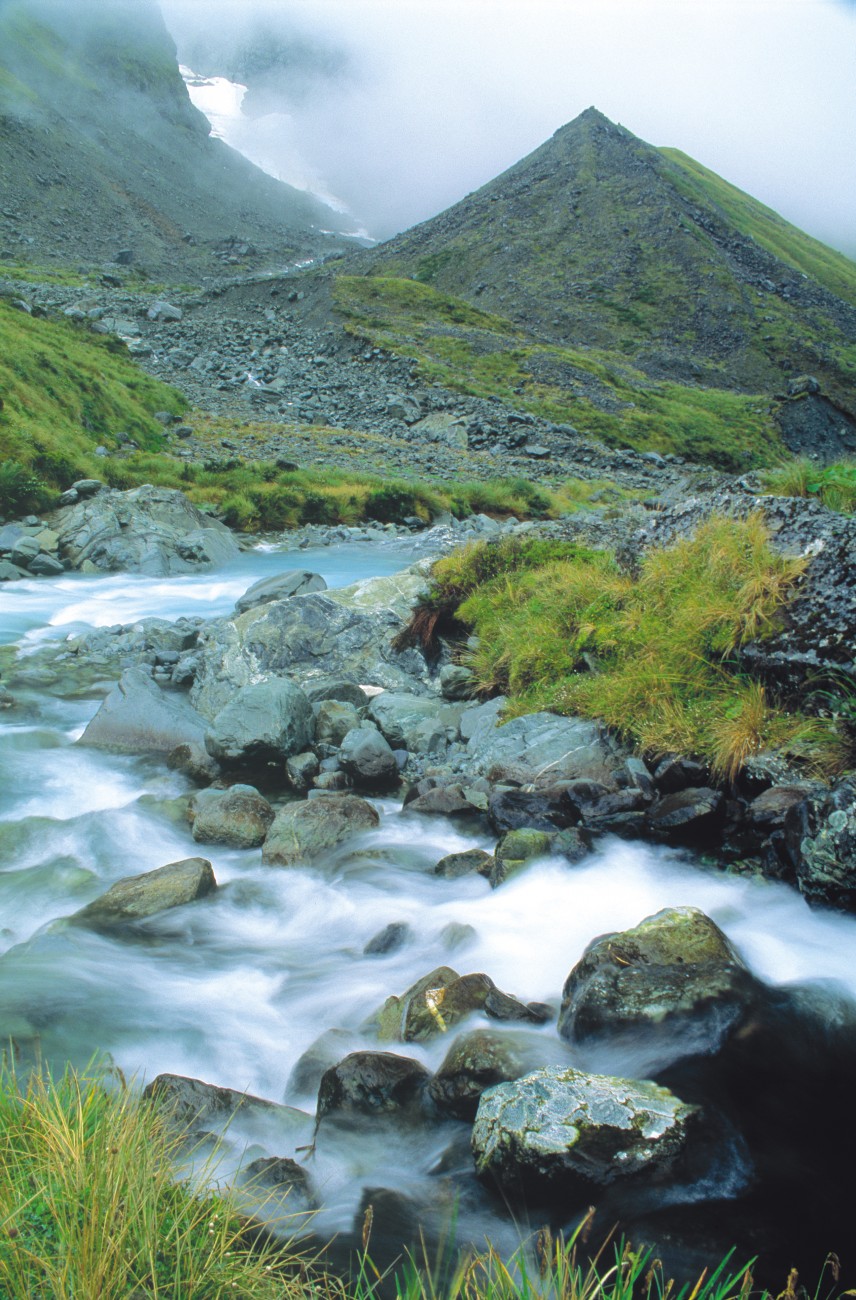47_AcrossTheAlps_body05 West Coast rivers collect water so rapidly that by the time the treeline is reached many, such as the Whitcombe, are too large to ford safely. A rain gauge on one ofthe tributaries ofthis river has recorded the highest annual rainfall on record in New Zealand-14.1 metres. Despite such disincentives, trampers and adventurers will continue to savour the challenges posed by forays into this mountainous region.
